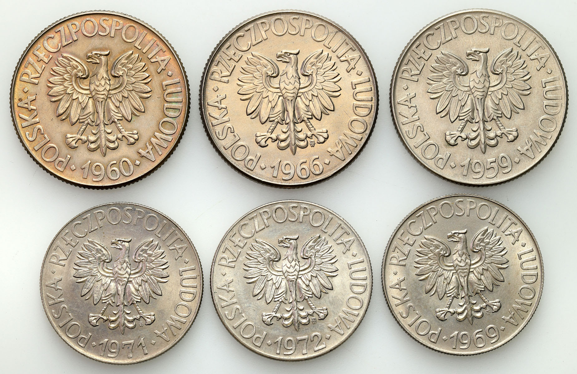 PRL. 10 złotych 1959- 1971 Kościuszko, zestaw 6 monet - rzadsze roczniki